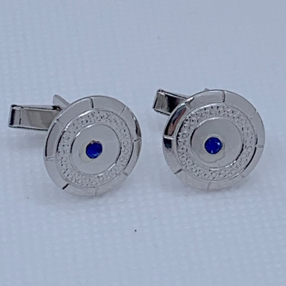 Men’s Shiny Silver Tone Cufflinks w/ Blue Stones